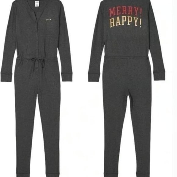 Victoria's Secret Pink Pajamas S Gray Merry Happy Long Janes Thermal Christmas - Picture 1 of 7